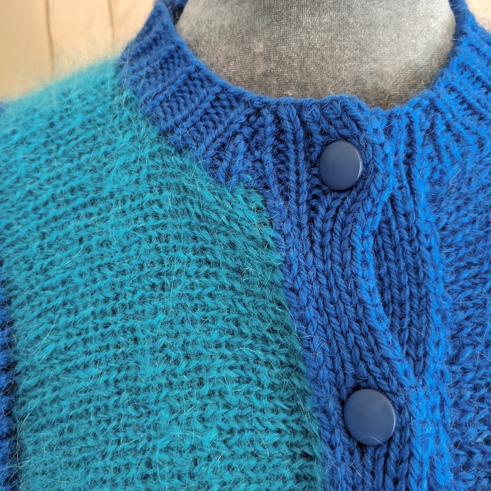 Vintage 80s Mohair Cardigan Sweater M/L Irish Colorblock Chunky Knit Oversized - Picture 9 of 14